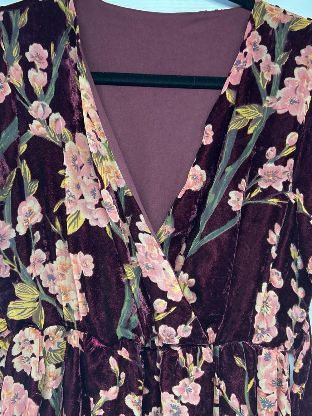 Velvet Floral Wrap Maxi Dress in Burgundy with Pink Blooms - Picture 3 of 4